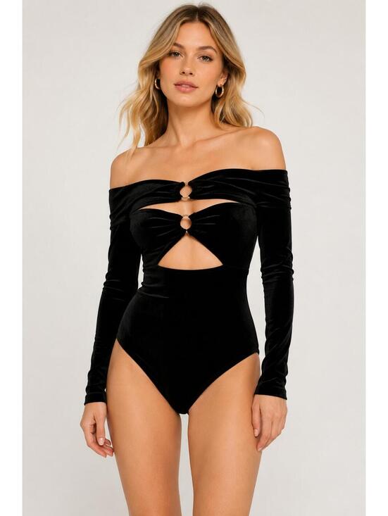 Tops - NWT REVOLVE Glamorous Black Velvet Off Shoulder Cutout Bodysuit Size Small